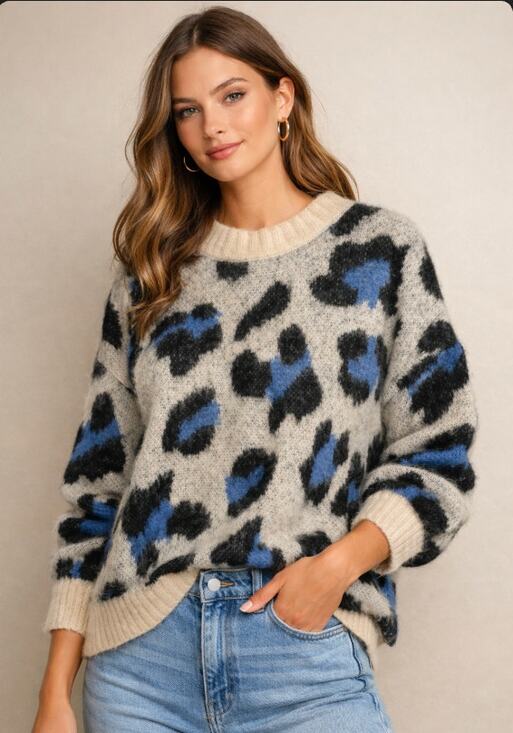 The Korner Sweaters - The Korner S/M Blue Animal Leopard Mohair Wool Blend Sweater Cozy Pullover Soft